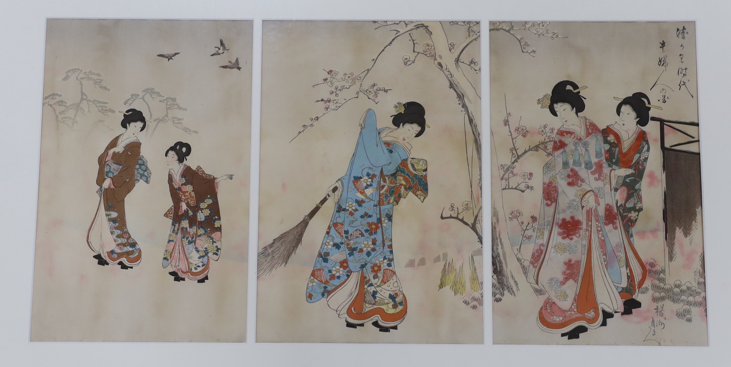 Japanese School, pair of triptych woodblock prints, Females wearing kimonos, 34 x 70cm